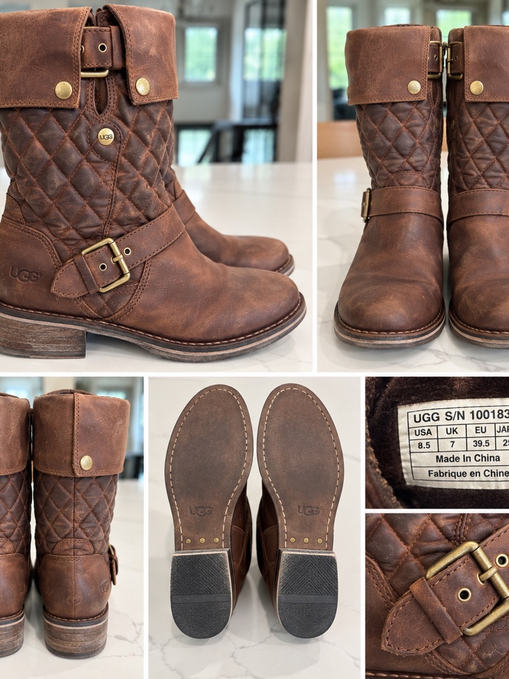 UGG Quilted Leather Moto Boots Waterproof Brown Women's 8.5